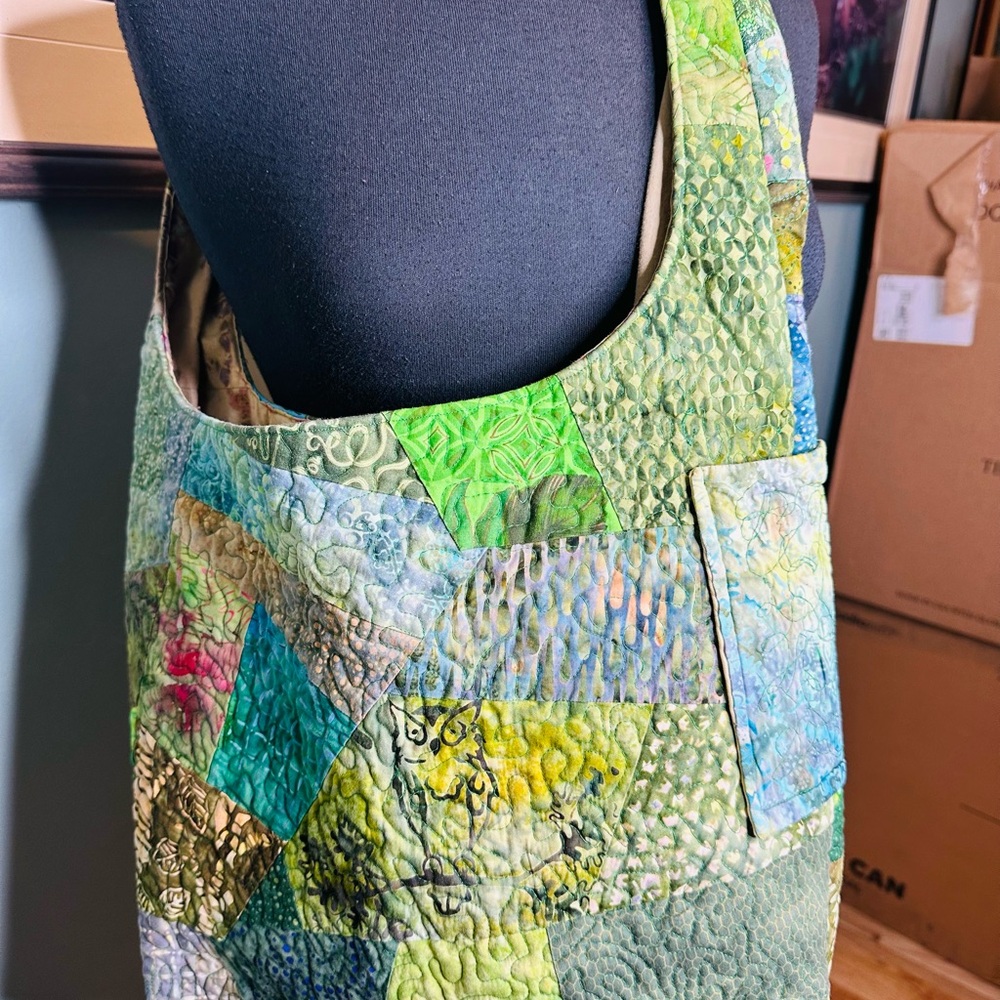 Reversible Quilt Patchwork Green Tote/ yellow Bag with Owl